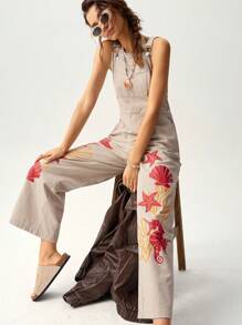 Bohemela Vacation Women Round Neck Sleeveless Loose Fashion Marine Life Print Jumpsuit - Beige - View 5