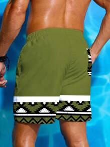 Manfinity Men's Geometric Print Drawstring Pocket Summer Beach Shorts - Army Green - View 2