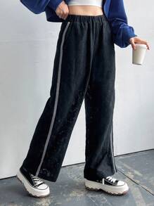 FRIFUL Women Contrast Color Side Lace Casual Pants - Black - View 4