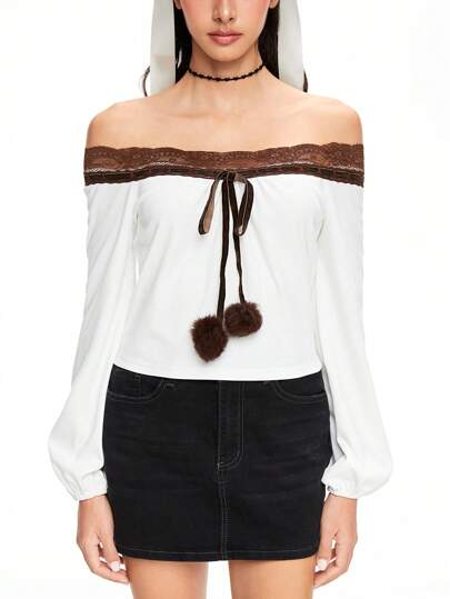 Kawaii Top à manches longues en dentelle avec épaules dégagées, doux et mignon pour femmes