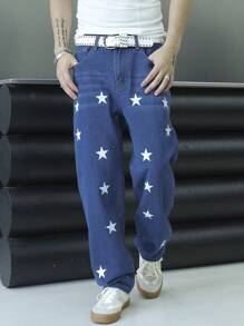 Manfinity Roughcore Men's Casual Multi-Pockets Five-Pointed Star Allover Print Simple Denim Jeans - Blue - View 3
