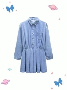 Girls Preppy Street Button Front Denim Shirt Dress With Elastic Waist, Girls Must-Have Back To School Item - Light Wash - View 1