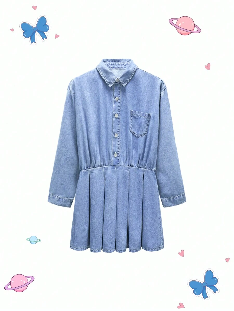 Girls Preppy Street Button Front Denim Shirt Dress With Elastic Waist, Girls Must-Have Back To School Item - Light Wash - View 1