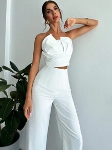 Firerie Women Elegant Design Asymmetrical Strapless Crop Tube Top & High Waisted Faux Boned Straight Pants Set, All White Two-Piece Outfit