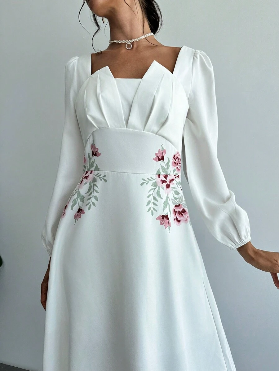 Firerie Abiti a-line con maniche lunghe, vita a peplum e design floreale simmetrico al collo, adatti per matrimonio/fidanzamento, concerto/festival, laurea - Bianco - Visualizzare 1