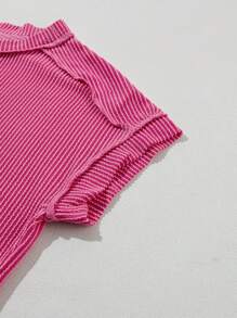 Acelitt Summer Casual Plain Loose Knit Textured Stripe Round Neck Short Sleeve T-Shirt - Hot Pink - View 8