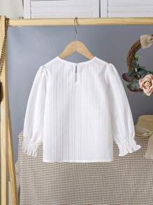 SHEIN 年轻女孩休闲白色圆领荷叶边喇叭袖衬衫，长袖上衣，时尚百搭，适合日常穿着，春秋新品 - 白色 - 查看 2