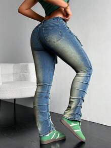 SHEIN ICON Women's Faded Simple Casual Pocket Jeans - Blue - View 3