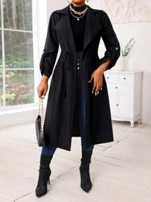 SHEIN Lady Autumn And Winter Casual Black Woven Waterfall Button Front Midi  Plus Size Trench Coats Women Coats Going Out Outfits - Black - View 3