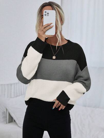 EMERY ROSE Casual Color Block Drop Shoulder Sweater, Autumn/Winter,Long Sleeve Tops, Knit Pullover Fall