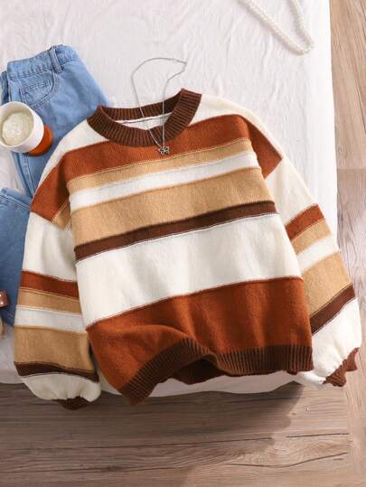 CosyJoli Suéter básico casual y elegante de talla grande con bloques de color a rayas, cuello redondo, para el invierno