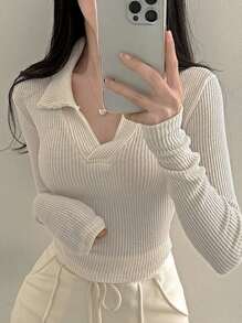 DAZY 女式纯色翻领长袖V领简约休闲上衣，秋季服装 - 杏色 - 查看 6