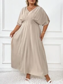 SHEIN CURVE+ Plus Batwing Sleeve Dress - Khaki - View 5