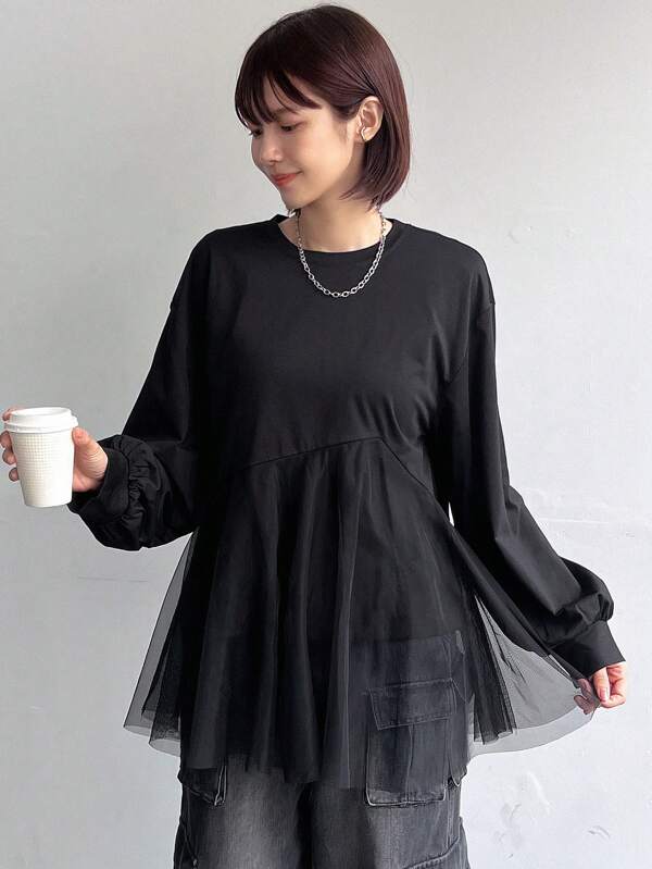 FRIFUL 女性用 無地 ラウンドネック ラッフルヘム メッシュ切り替え 長袖Tシャツ