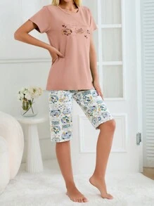 SHEIN Cottnline 2Pcs  Cute Animals Printed Shirt And Animals Printed Capri Homewear PJ Set - Baby Pink - View 4