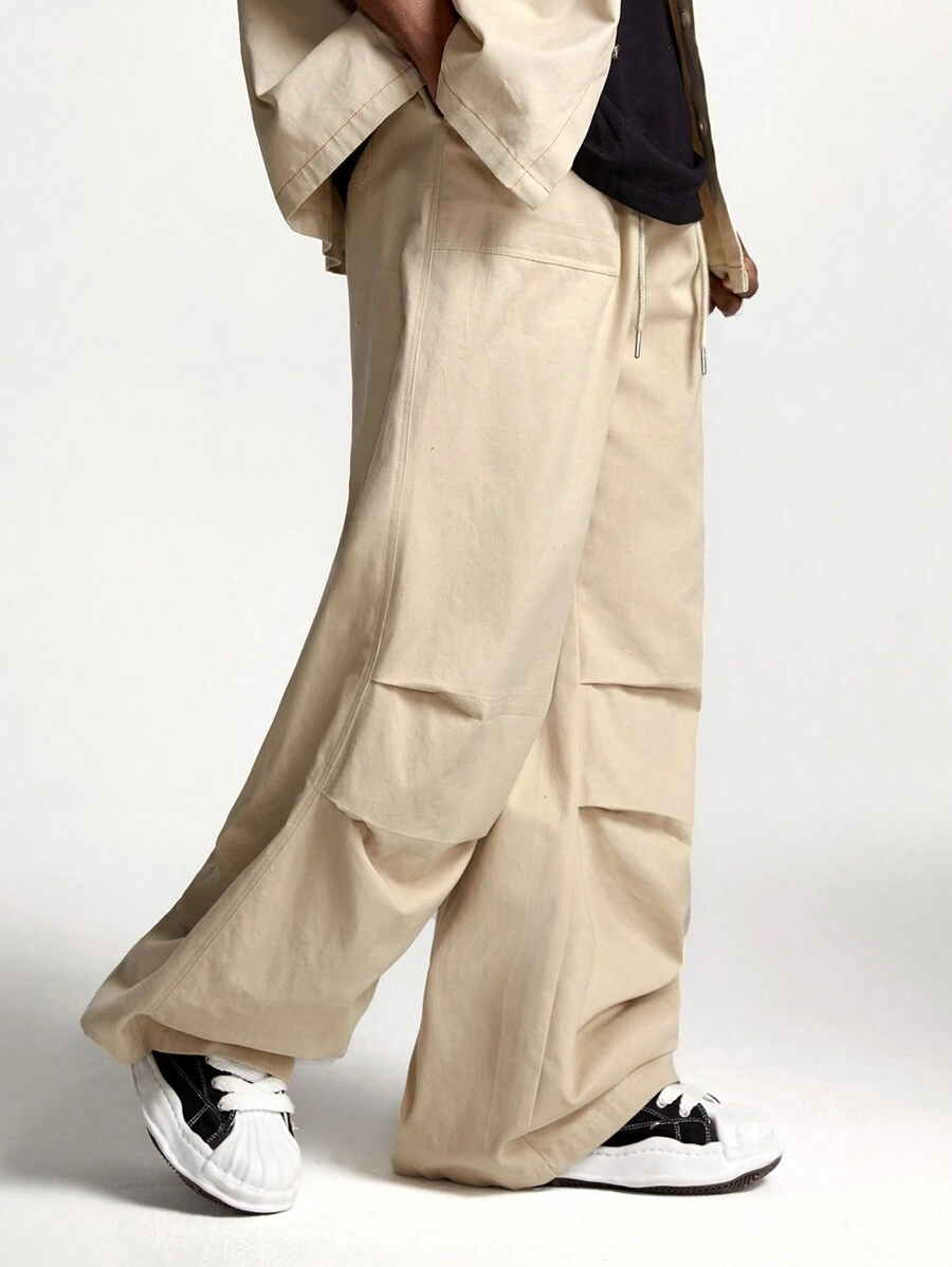 Manfinity VCAY 男士抽绳腰时尚休闲阔腿宽松梭织裤 - 卡其色 - 查看 1