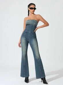 Mono vaquero minimalista de unicolor para uso diario para mujeres - Azul - Ver 5