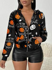 SHEIN SXY 女士拉链万圣节字母印花长袖休闲连帽夹克 - 黑色 - 查看 6