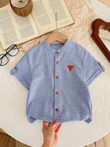 SHEIN Leap Crew Áo sơ mi tay ngắn thường ngày họa tiết Applique dành cho bé trai, thích hợp cho mùa hè - Màu xanh nhạt - Xem 1