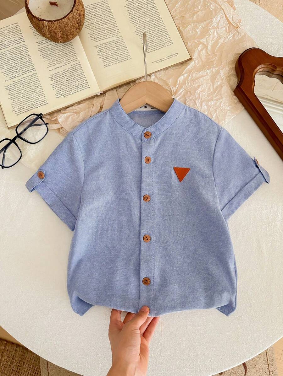 SHEIN Leap Crew Áo sơ mi tay ngắn thường ngày họa tiết Applique dành cho bé trai, thích hợp cho mùa hè - Màu xanh nhạt - Xem 1