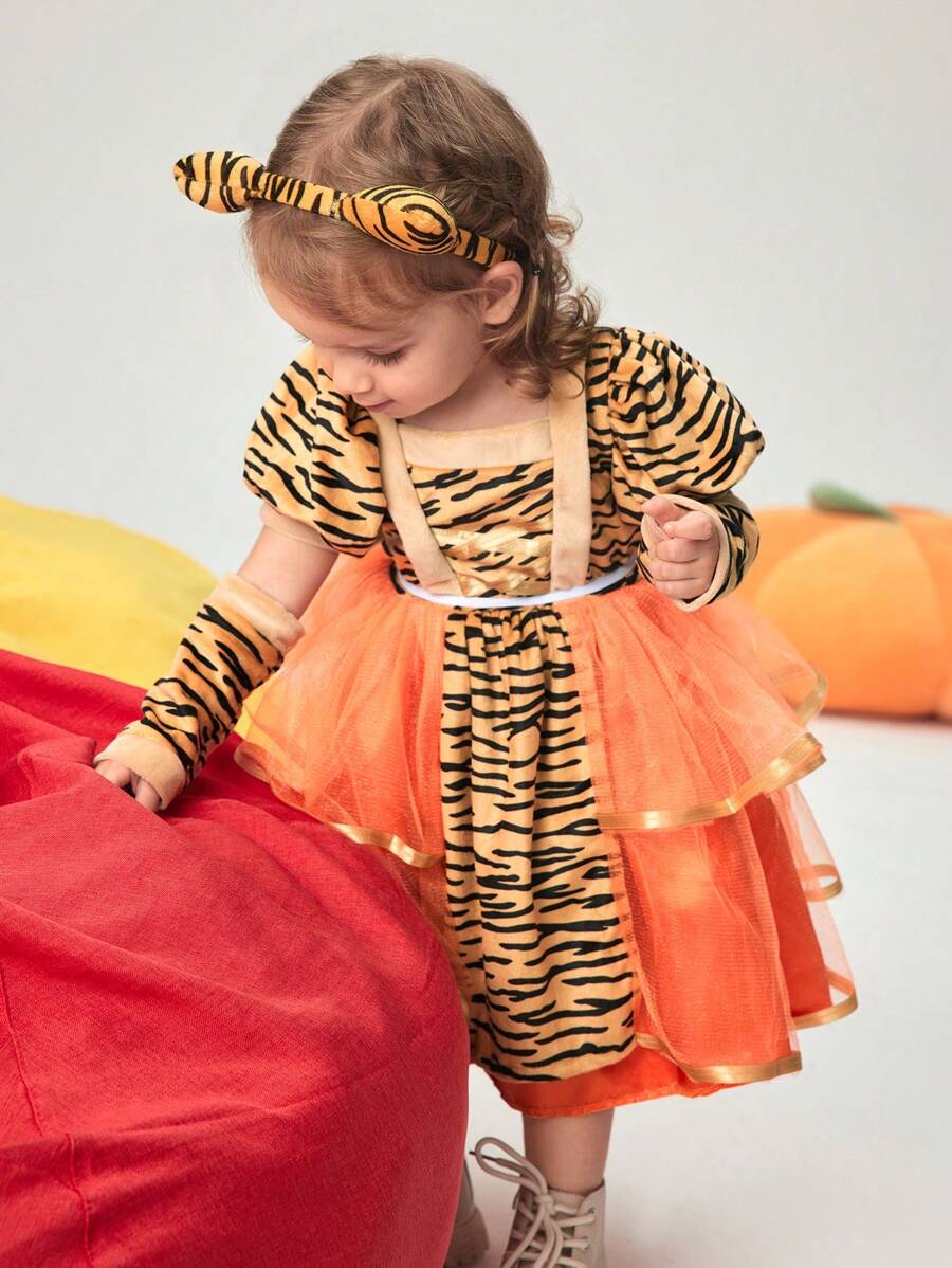 SHEIN 3pcs Girls Tiger Design Contrast Mesh Elegant Ruffled Dress With Tail, Princess Costume