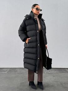 RueChic Women's Hooded Gold Snap Button Padded Winter Puffer Long Down Coat - Black - View 7