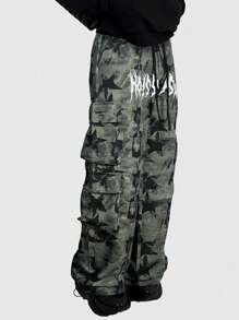 ROMWE MEN Street Life Men's Drawstring Waist Star Print Cargo Pants, School, For Fall