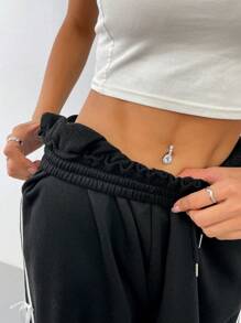 INAWLY Quần thể thao sọc ngang thắt nơ bên hông nữ, trang phục mùa thu - màu đen - Xem 6