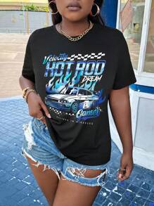 Slaydiva Hot Rod Dream Casual Minimalist Racing Car Print Round Neck Short Sleeve Fitted Plus Size Women T-Shirt, Suitable For Summer - Black - View 1