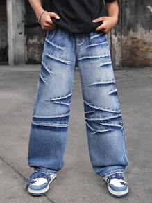 SHEIN Tween Boys' Street Style Cool Stonewashed Wide Leg Denim Blue Jeans,For Back To School Clothes - Light Wash - View 3