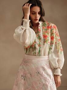 Anewsta Vacation Style Lace Patchwork Printed Women's Blouse - Apricot - View 7