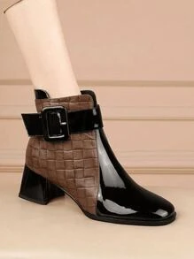 Women's Color Block Square Toe Fashion Ankle Boots, Autumn Winter Warm Comfortable Versatile Belt Buckle Chunky Heel Side Zip Patchwork Soft Leather  Boots