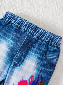 Bộ 2 món/bộ áo thun tay ngắn in hình kỳ lân và bóng bay dễ thương cho bé gái và quần denim, mùa xuân hè - trắng - Xem 5