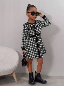 SHEIN Young Girl Houndstooth Print Button Front Dress - Black - View 1