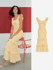 MOTF STUDIO SOLID RUFFLE TRIM LAYERED HEM BUSTIER DRESS - Yellow - View 9