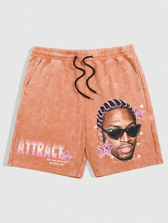 Street Life Pantaloncini casual estivi da uomo con coulisse in vita, stampa di lettere e figure, lavati