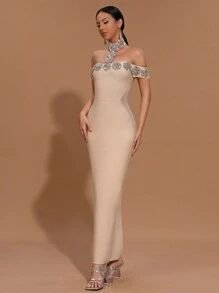 Modphy 新款女款黑色性感露肩奢華鑽飾修身長版抹胸洋裝，適合婚禮、伴娘、晚宴、正式場合 - 杏色 - 查看 3