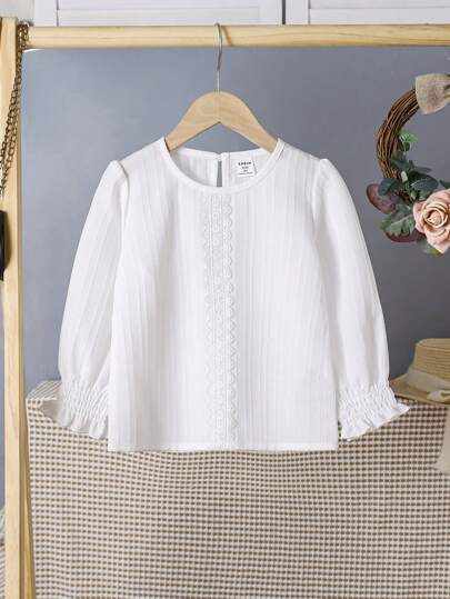 SHEIN Young Girl Casual White Round-Neck Shirt With Frill Bell Sleeves, Long Sleeve Top, Fashionable, Versatile, Suitable For Everyday Wear, Spring & Autumn New Arrival