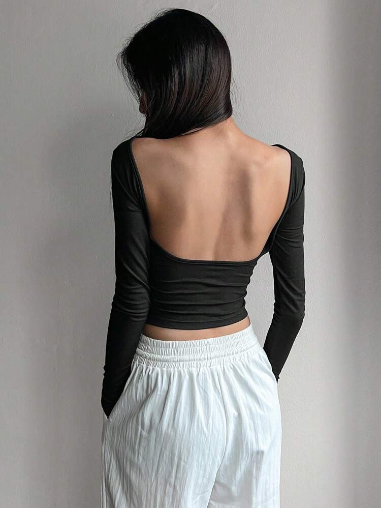 Women Simple Solid Color Backless Long Sleeve T-Shirt,Halter Top,Fall Clothes