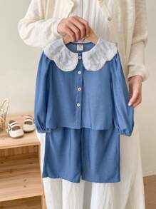 SHEIN LMoss Kids LMoss 女婴冬季刺绣彼得潘领时尚服装 2 件套