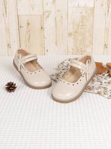 Girls' Fashion Cute Mary Jane Flat Shoes, Solid Color Bow Hook And Loop Princess Shoes