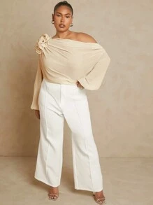L'Amorae Plus Asymmetric Off Shoulder Shirt With 3D Flower