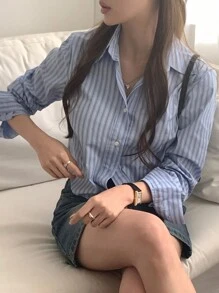 DAZY Women's Fitted Short Striped Long Sleeve Shirt, Blue, Spring/Autumn,Fall Women Clothes Crop Women Tops - Blue - View 3