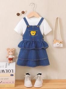 Girls' Casual And Stylish Denim Overall Dress With Cartoon Print And Pleats