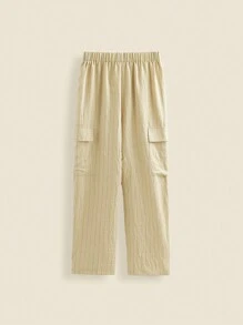 SHEIN Tween 男童亚麻褶皱休闲直筒裤，适合春夏季返校季 - 卡其色 - 查看 2