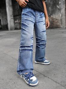 SHEIN Tween Boys' Street Style Cool Stonewashed Wide Leg Denim Blue Jeans,For Back To School Clothes - Light Wash - View 5