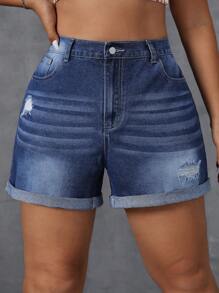 SHEIN EZwear Quần short denim viền cuộn có kích thước lớn, mùa hè - Màu xanh lam - Xem 1