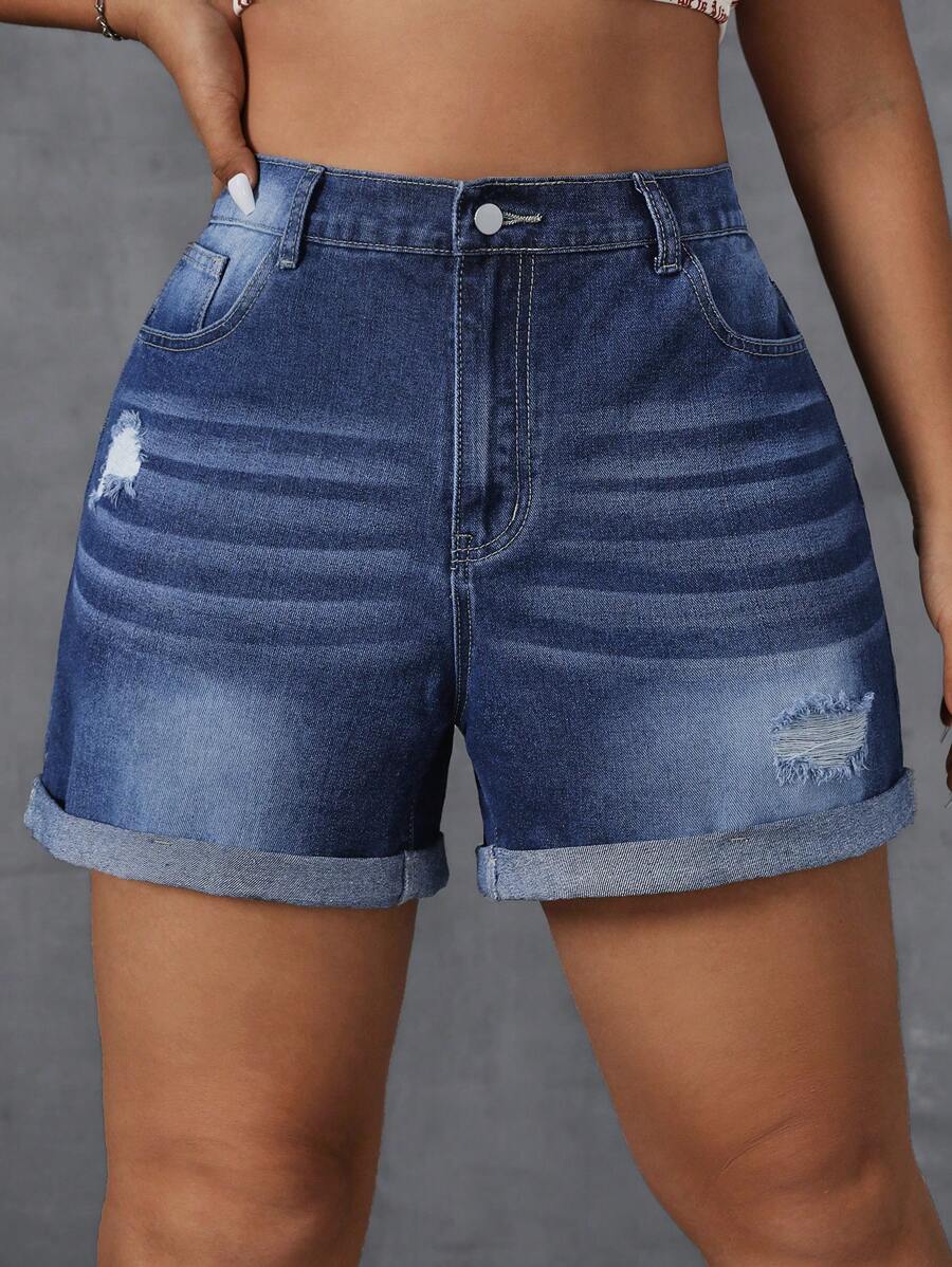 SHEIN EZwear Quần short denim viền cuộn có kích thước lớn, mùa hè - Màu xanh lam - Xem 1