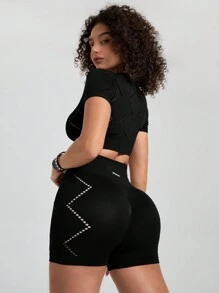 SHEIN Sports 女士纯色简约休闲短袖短裤运动套装健身女士套装 - 黑色 - 查看 7