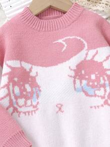 Girls' Cute Cartoon Eye Pattern Pink Pullover Sweater - Pink - View 4
